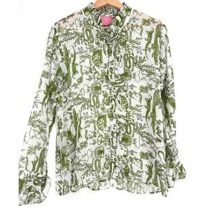Just Darviny Green Botanical Scarlett Bayou Moss Button Up Shirt Blouse Size S